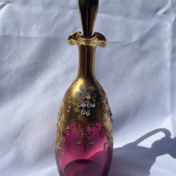 Cranberry Bohemian Glass Cruet, Gilded, Hand-painted, enameled appliques - Picture 12 of 13
